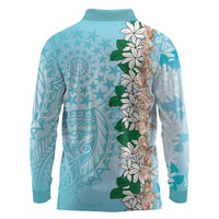 Cook Islands Tiare Maori With Conch Shell Long Sleeve Polo Shirt Pasifika Fest Polynesian Tattoo Turquoise