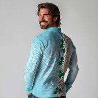 Cook Islands Tiare Maori With Conch Shell Long Sleeve Polo Shirt Pasifika Fest Polynesian Tattoo Turquoise