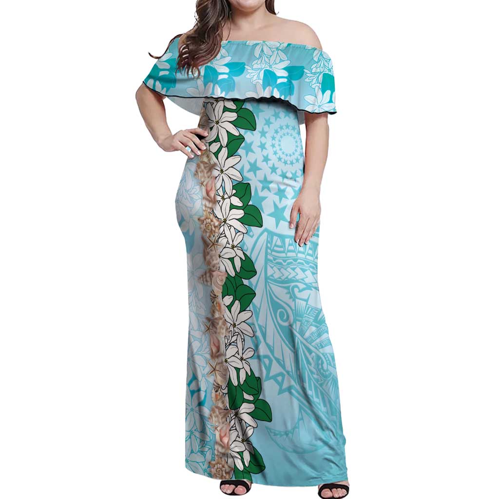 Cook Islands Tiare Maori With Conch Shell Off Shoulder Maxi Dress Pasifika Fest Polynesian Tattoo Turquoise