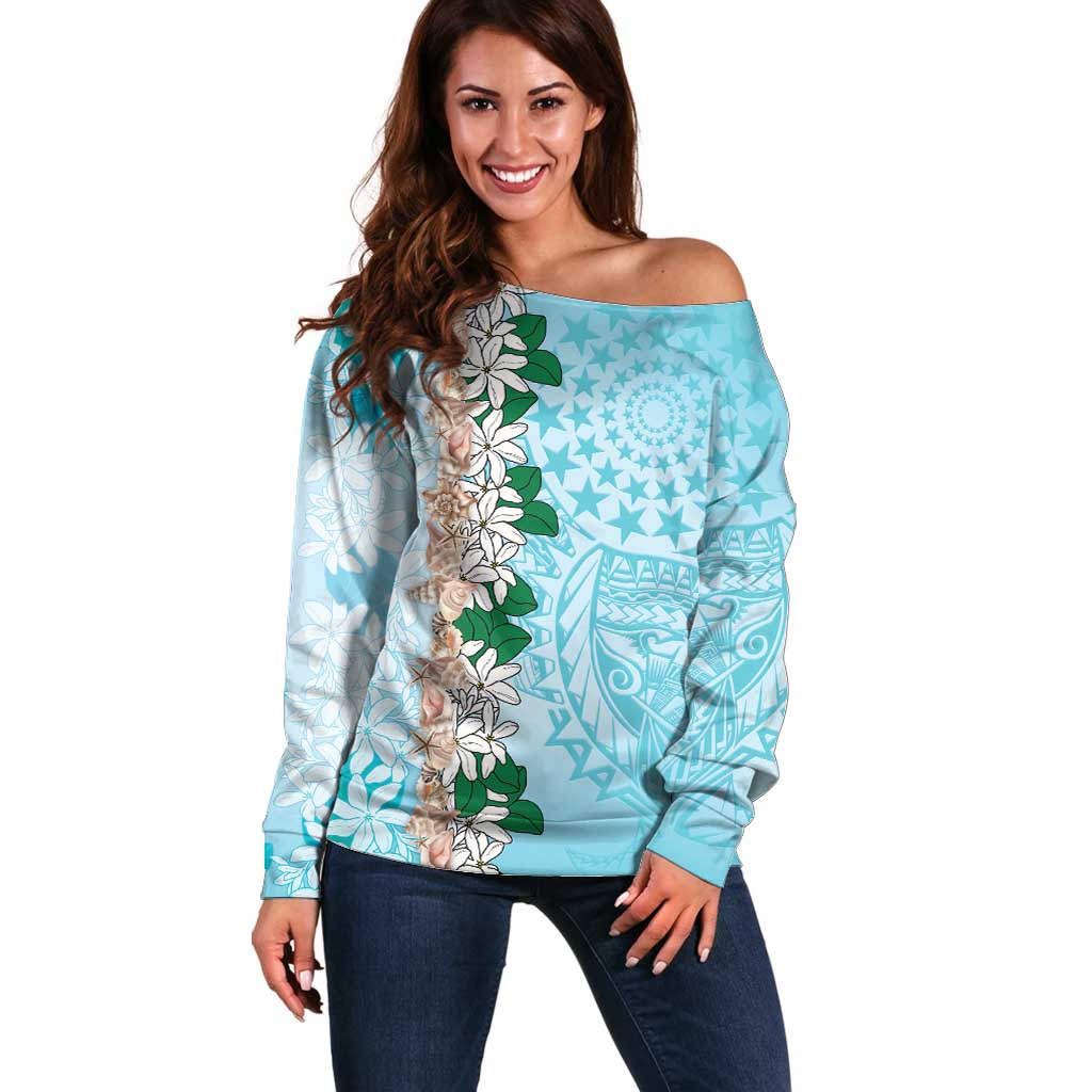 Cook Islands Tiare Maori With Conch Shell Off Shoulder Sweater Pasifika Fest Polynesian Tattoo Turquoise