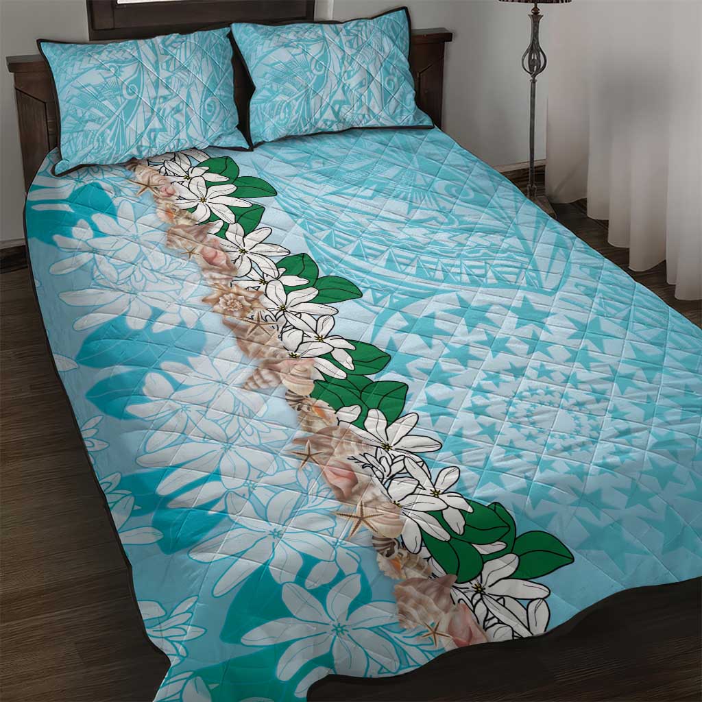 Cook Islands Tiare Maori With Conch Shell Quilt Bed Set Pasifika Fest Polynesian Tattoo Turquoise