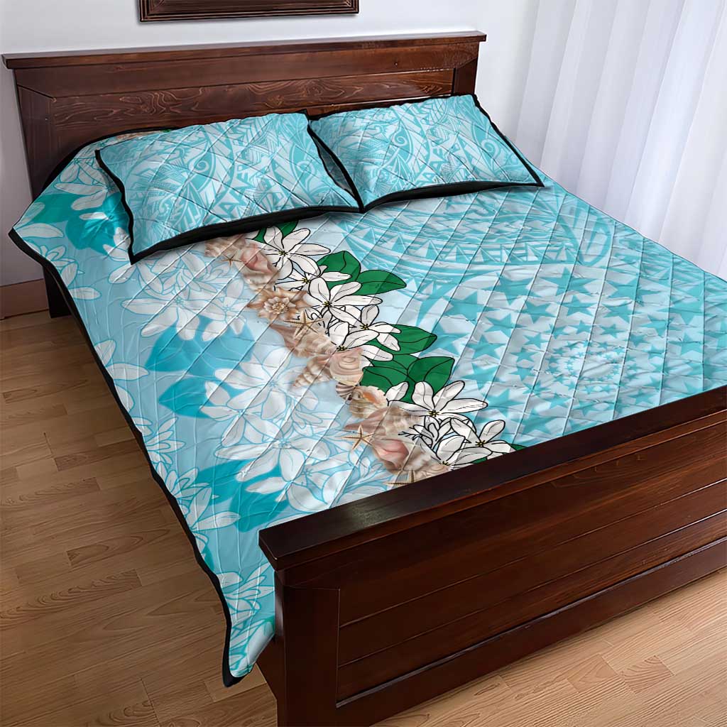 Cook Islands Tiare Maori With Conch Shell Quilt Bed Set Pasifika Fest Polynesian Tattoo Turquoise