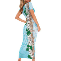 Cook Islands Tiare Maori With Conch Shell Short Sleeve Bodycon Dress Pasifika Fest Polynesian Tattoo Turquoise