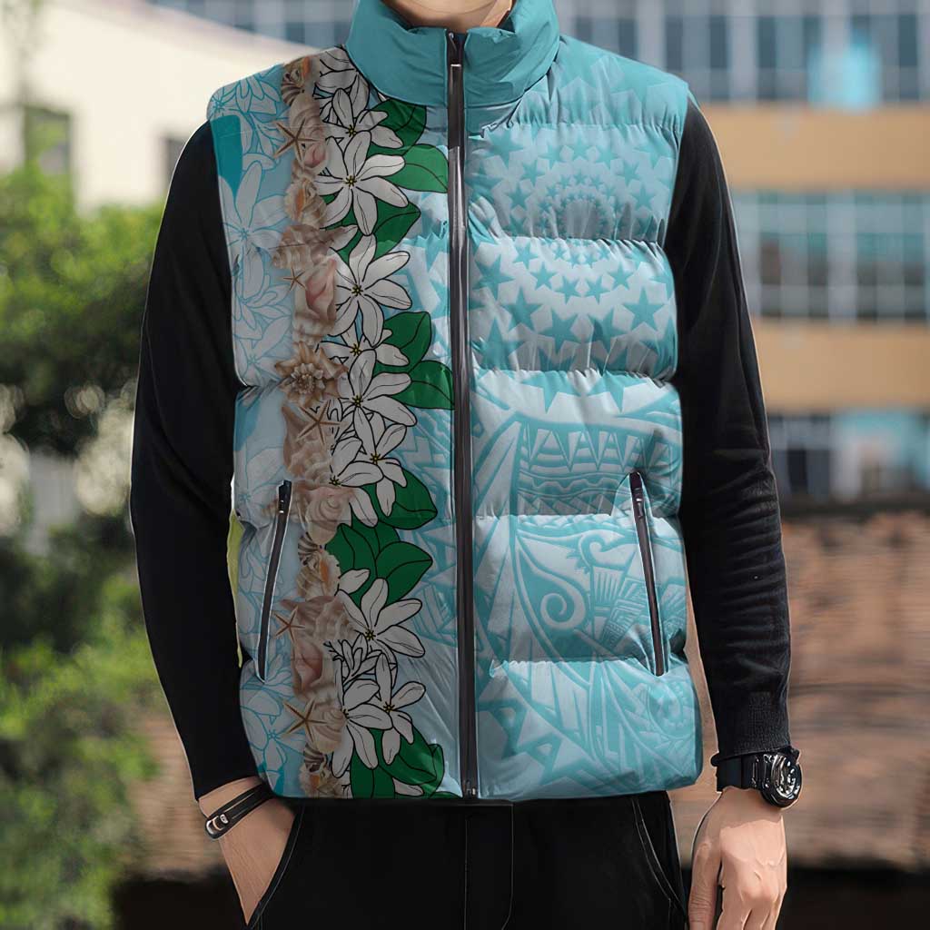 Cook Islands Tiare Maori With Conch Shell Sleeveless Puffer Jacket Pasifika Fest Polynesian Tattoo Turquoise