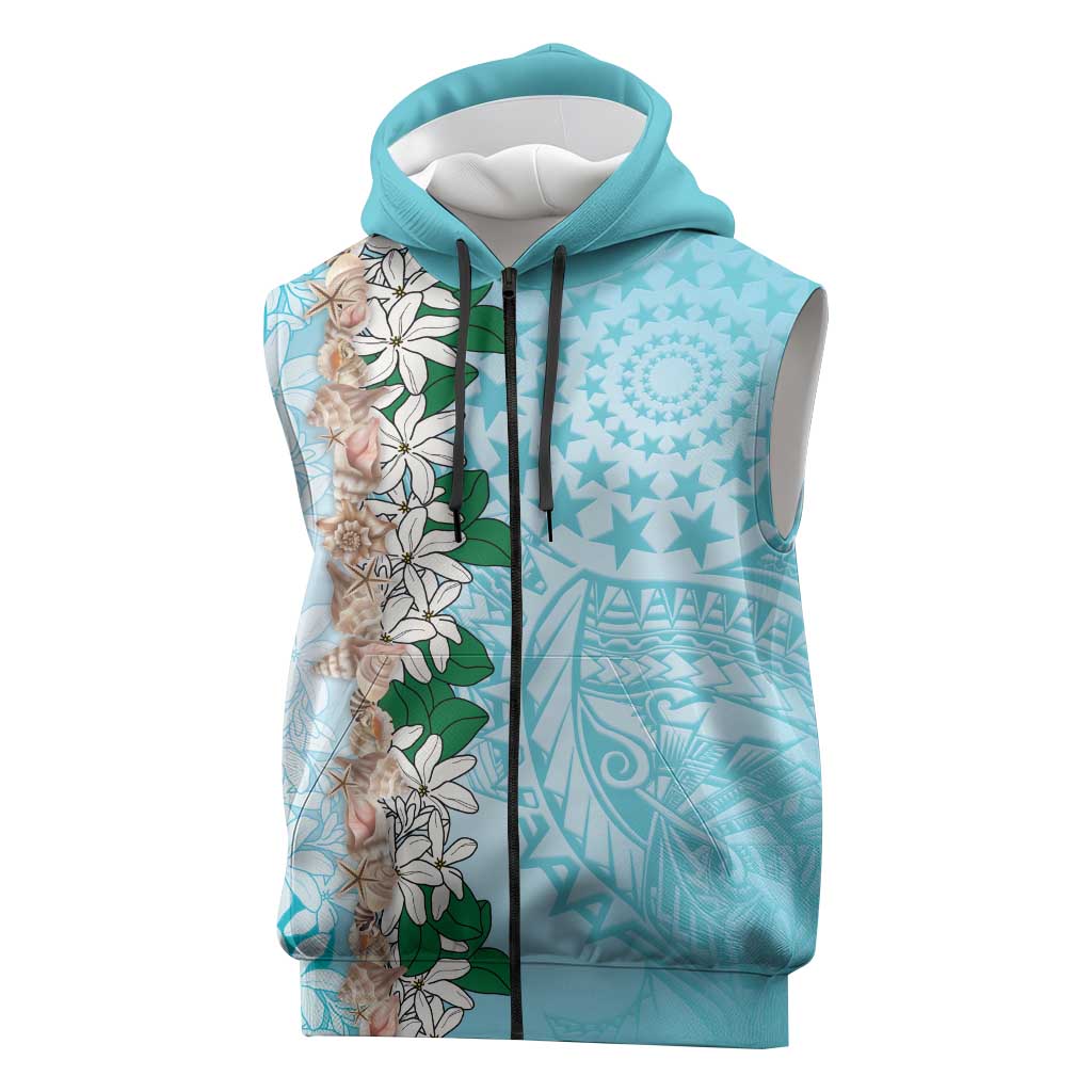 Cook Islands Tiare Maori With Conch Shell Sleeveless Zip Hoodie Pasifika Fest Polynesian Tattoo Turquoise