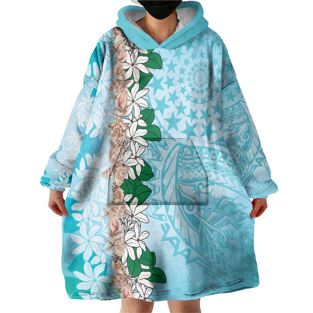 Cook Islands Tiare Maori With Conch Shell Wearable Blanket Hoodie Pasifika Fest Polynesian Tattoo Turquoise