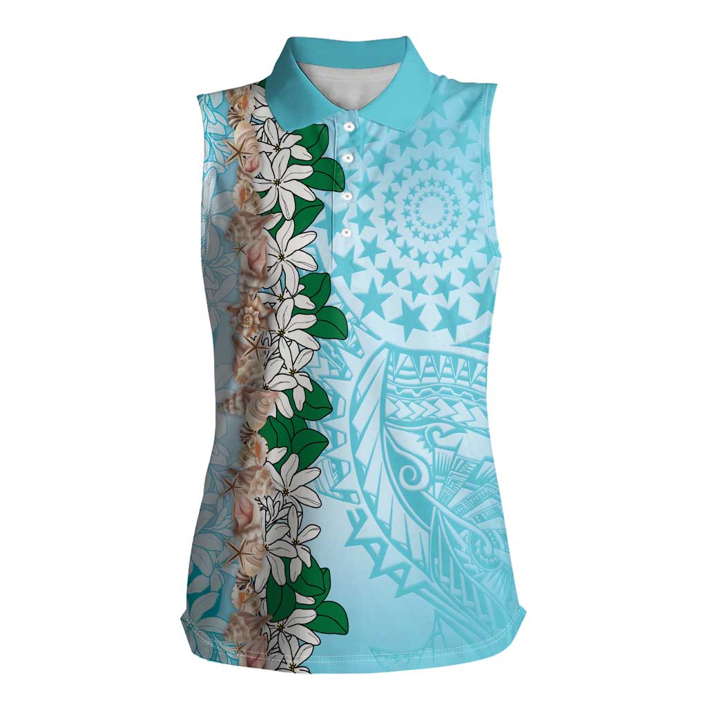 Cook Islands Tiare Maori With Conch Shell Women Sleeveless Polo Shirt Pasifika Fest Polynesian Tattoo Turquoise LT14 Female Turquoise - Polynesian Pride