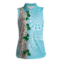 Cook Islands Tiare Maori With Conch Shell Women Sleeveless Polo Shirt Pasifika Fest Polynesian Tattoo Turquoise LT14 Female Turquoise - Polynesian Pride