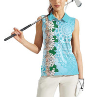 Cook Islands Tiare Maori With Conch Shell Women Sleeveless Polo Shirt Pasifika Fest Polynesian Tattoo Turquoise LT14 - Polynesian Pride