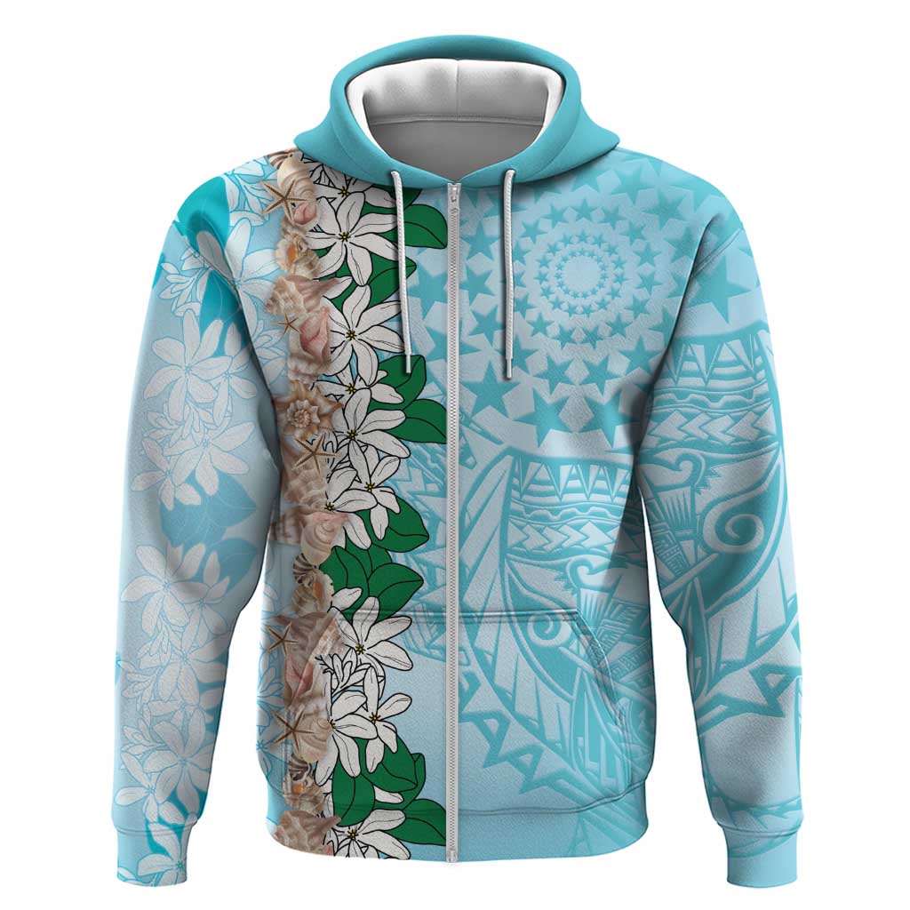 Cook Islands Tiare Maori With Conch Shell Zip Hoodie Pasifika Fest Polynesian Tattoo Turquoise