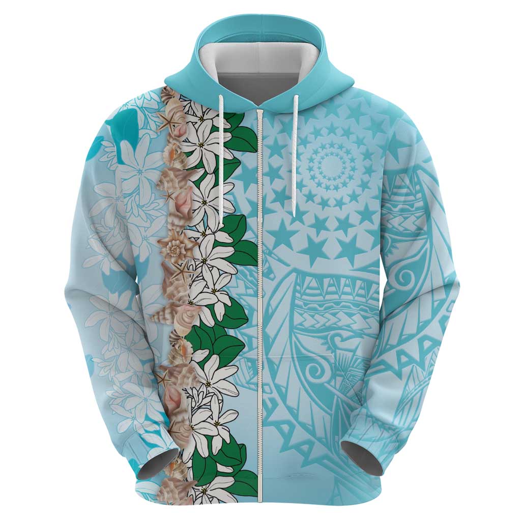 Cook Islands Tiare Maori With Conch Shell Zip Hoodie Pasifika Fest Polynesian Tattoo Turquoise