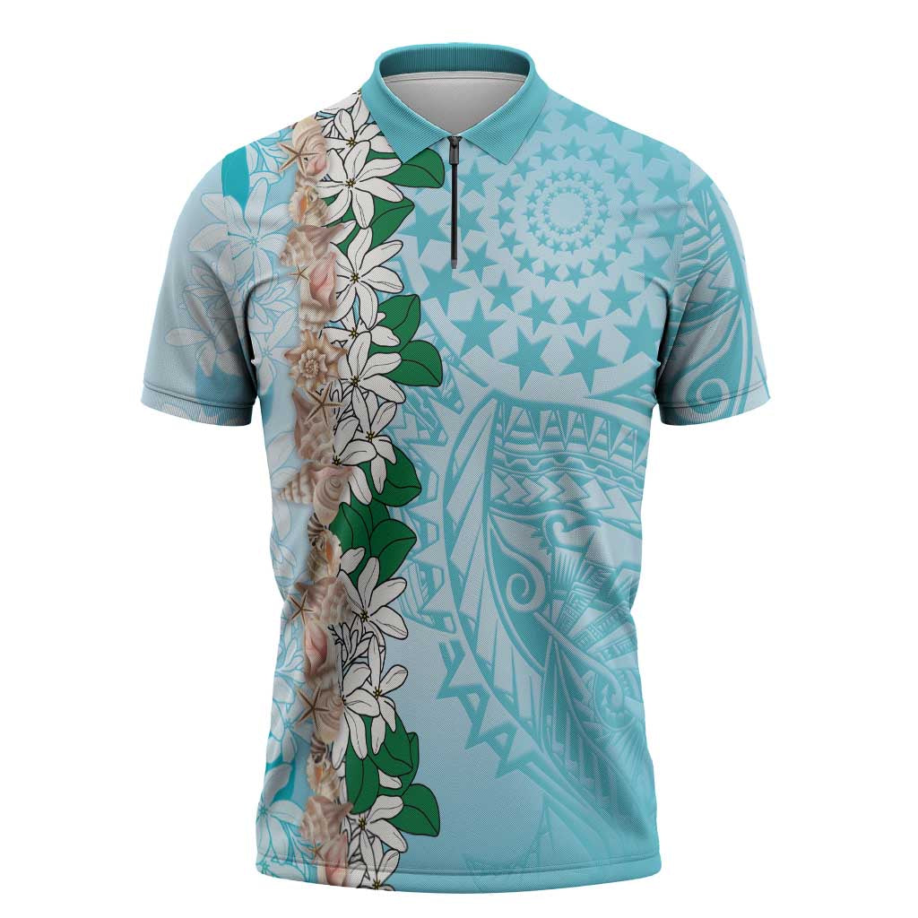 Cook Islands Tiare Maori With Conch Shell Zipper Polo Shirt Pasifika Fest Polynesian Tattoo Turquoise