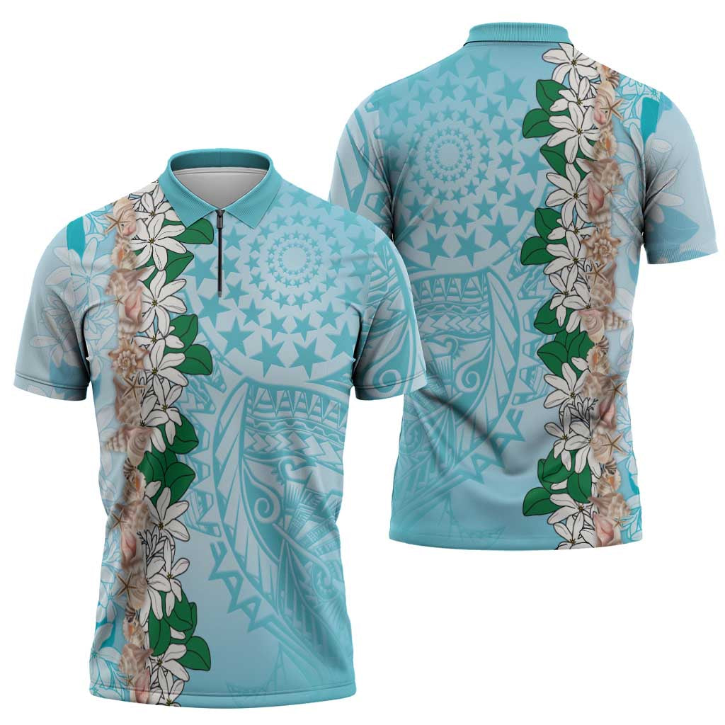 Cook Islands Tiare Maori With Conch Shell Zipper Polo Shirt Pasifika Fest Polynesian Tattoo Turquoise