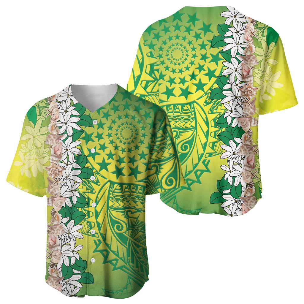 Cook Islands Tiare Maori With Conch Shell Baseball Jersey Pasifika Fest Polynesian Tattoo Green