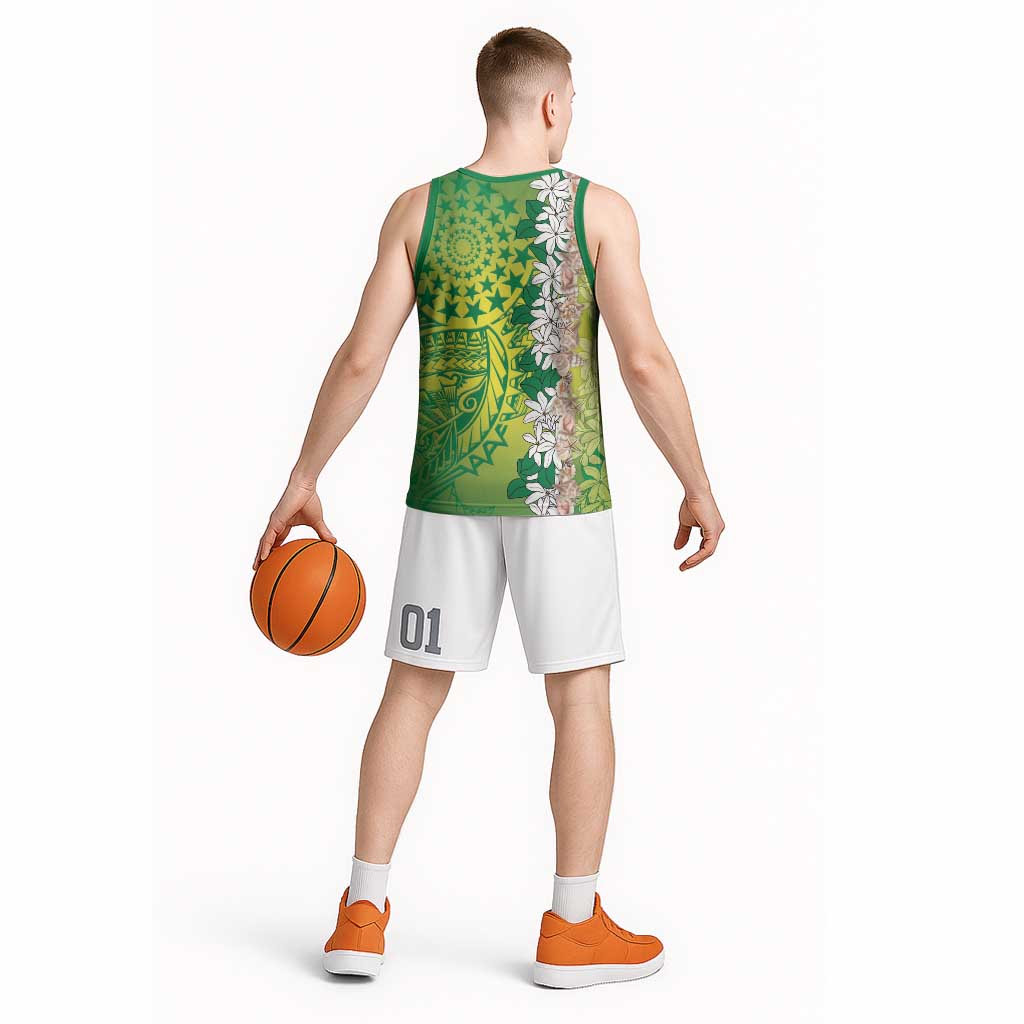 Cook Islands Tiare Maori With Conch Shell Basketball Jersey Pasifika Fest Polynesian Tattoo Green