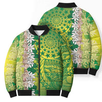 Cook Islands Tiare Maori With Conch Shell Bomber Puffer Jacket Pasifika Fest Polynesian Tattoo Green