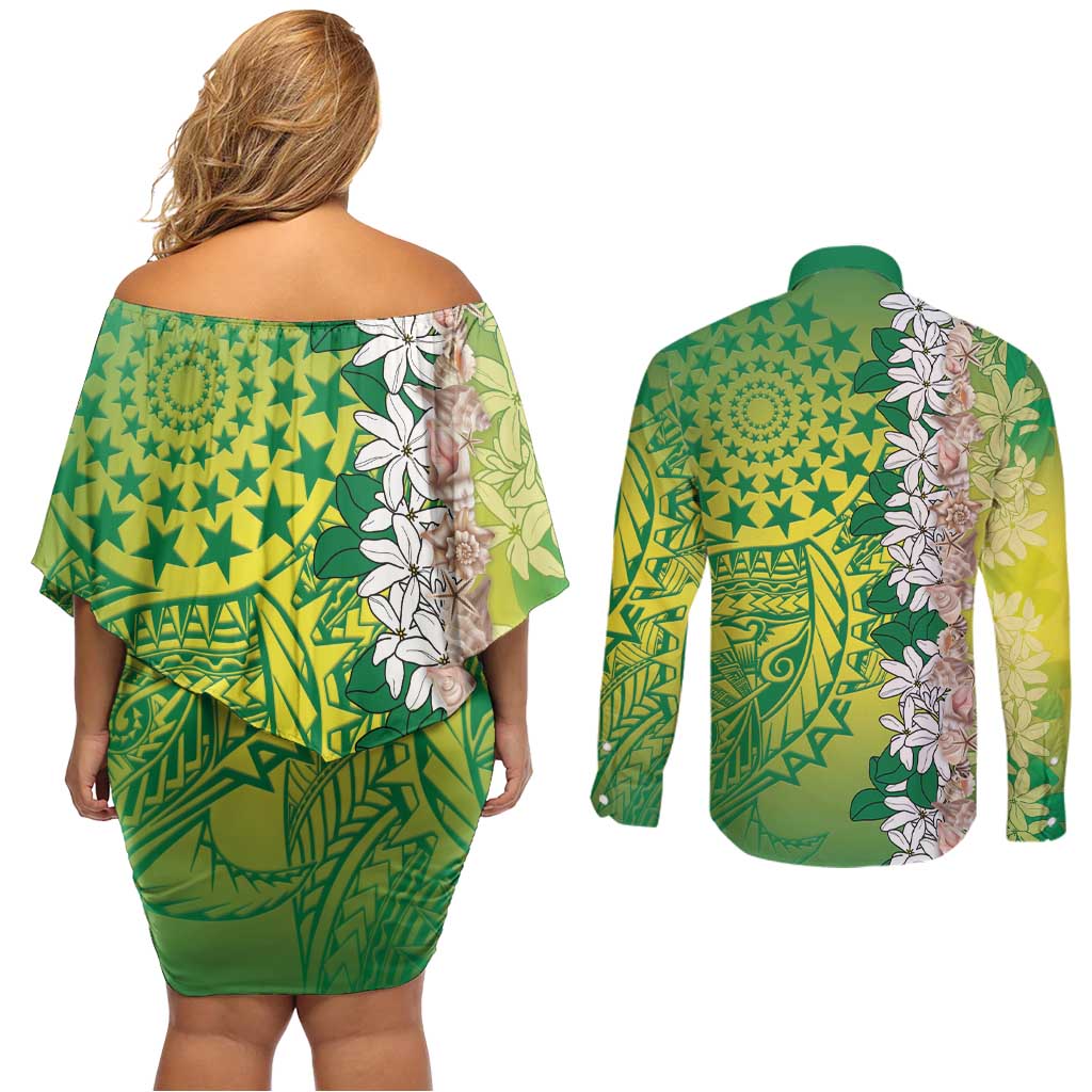 Cook Islands Tiare Maori With Conch Shell Couples Matching Off Shoulder Short Dress and Long Sleeve Button Shirt Pasifika Fest Polynesian Tattoo Green