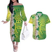 Cook Islands Tiare Maori With Conch Shell Couples Matching Off The Shoulder Long Sleeve Dress and Hawaiian Shirt Pasifika Fest Polynesian Tattoo Green LT14 Green - Polynesian Pride