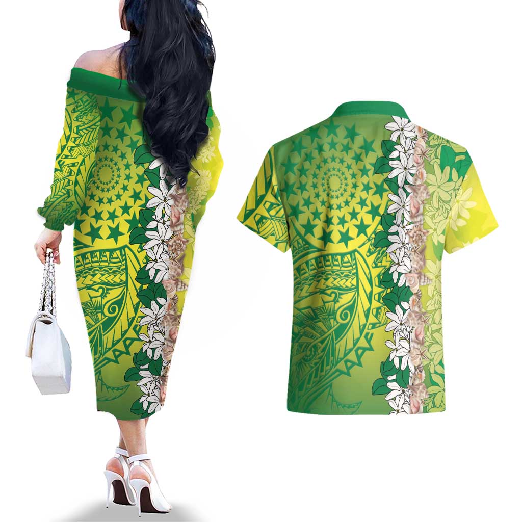 Cook Islands Tiare Maori With Conch Shell Couples Matching Off The Shoulder Long Sleeve Dress and Hawaiian Shirt Pasifika Fest Polynesian Tattoo Green LT14 - Polynesian Pride