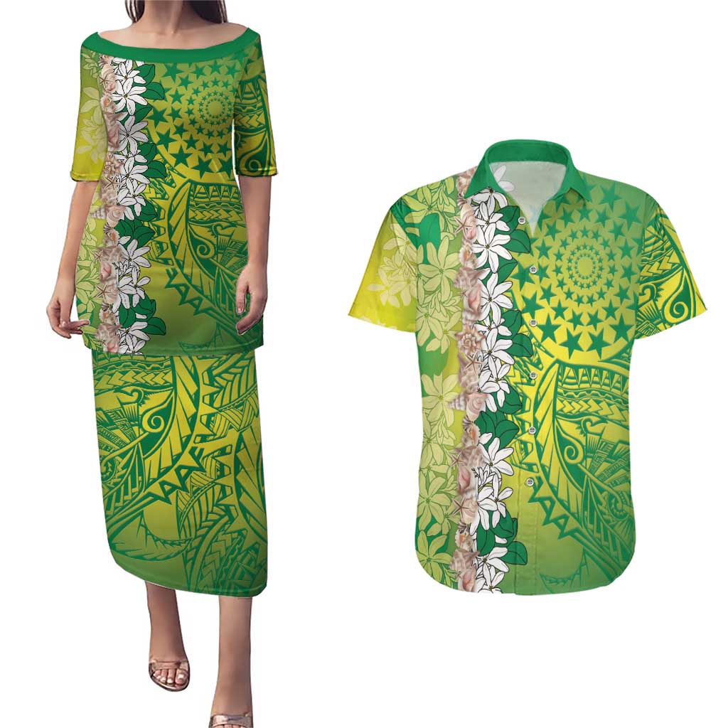 Cook Islands Tiare Maori With Conch Shell Couples Matching Puletasi and Hawaiian Shirt Pasifika Fest Polynesian Tattoo Green