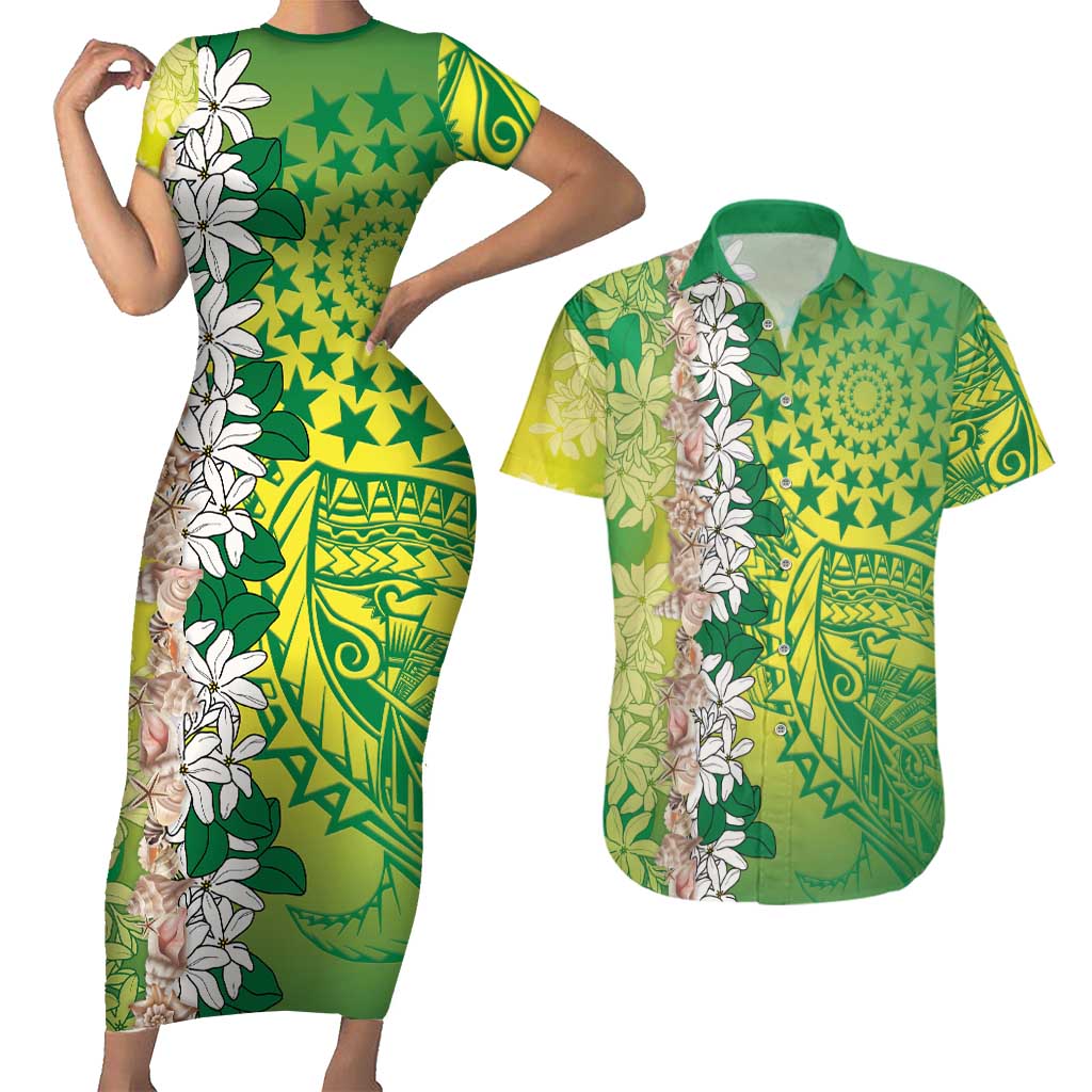 Cook Islands Tiare Maori With Conch Shell Couples Matching Short Sleeve Bodycon Dress and Hawaiian Shirt Pasifika Fest Polynesian Tattoo Green