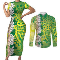 Cook Islands Tiare Maori With Conch Shell Couples Matching Short Sleeve Bodycon Dress and Long Sleeve Button Shirt Pasifika Fest Polynesian Tattoo Green LT14 Green - Polynesian Pride