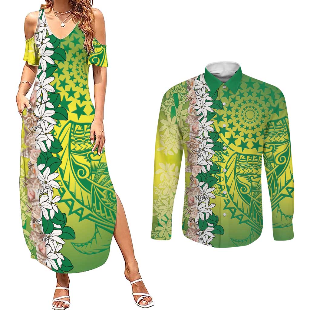 Cook Islands Tiare Maori With Conch Shell Couples Matching Summer Maxi Dress and Long Sleeve Button Shirt Pasifika Fest Polynesian Tattoo Green LT14 Green - Polynesian Pride