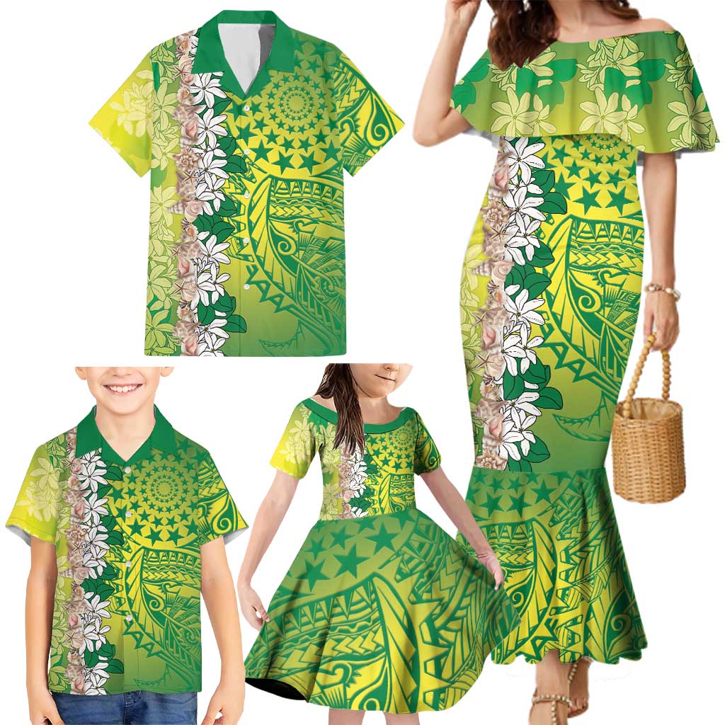 Cook Islands Tiare Maori With Conch Shell Family Matching Mermaid Dress and Hawaiian Shirt Pasifika Fest Polynesian Tattoo Green LT14 - Polynesian Pride
