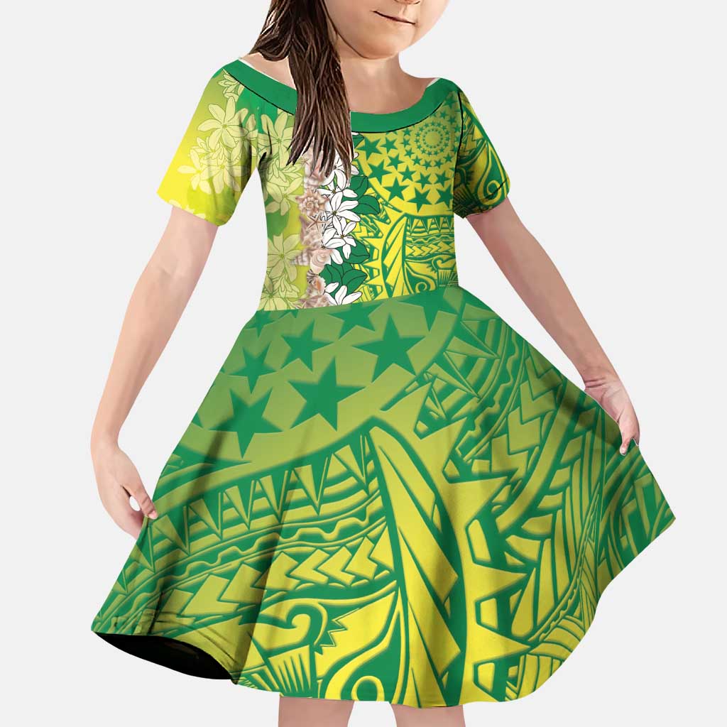 Cook Islands Tiare Maori With Conch Shell Family Matching Off The Shoulder Long Sleeve Dress and Hawaiian Shirt Pasifika Fest Polynesian Tattoo Green LT14 Daughter's Dress Green - Polynesian Pride