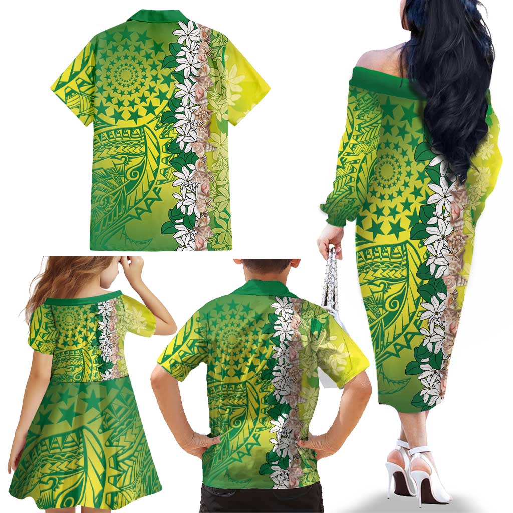Cook Islands Tiare Maori With Conch Shell Family Matching Off The Shoulder Long Sleeve Dress and Hawaiian Shirt Pasifika Fest Polynesian Tattoo Green LT14 - Polynesian Pride