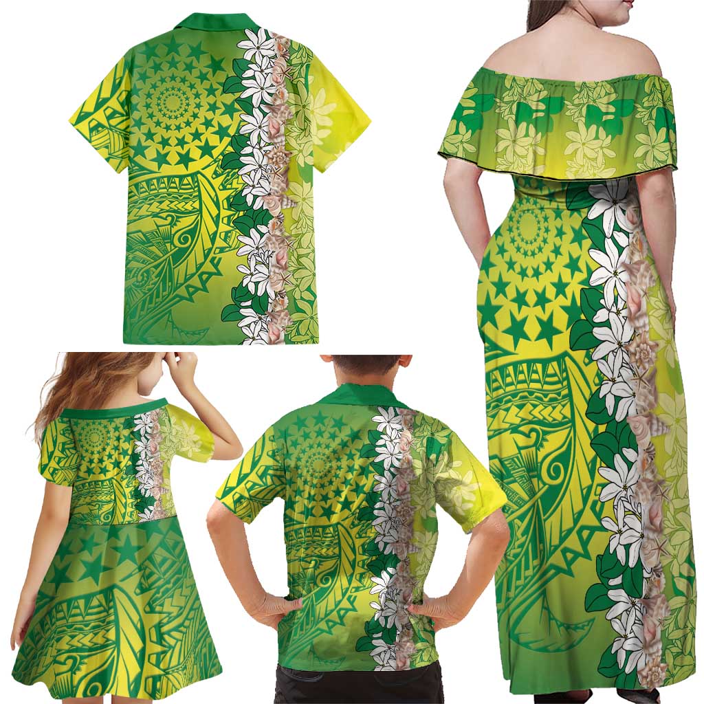 Cook Islands Tiare Maori With Conch Shell Family Matching Off Shoulder Maxi Dress and Hawaiian Shirt Pasifika Fest Polynesian Tattoo Green LT14 - Polynesian Pride