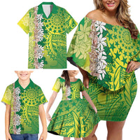 Cook Islands Tiare Maori With Conch Shell Family Matching Off Shoulder Short Dress and Hawaiian Shirt Pasifika Fest Polynesian Tattoo Green LT14 - Polynesian Pride