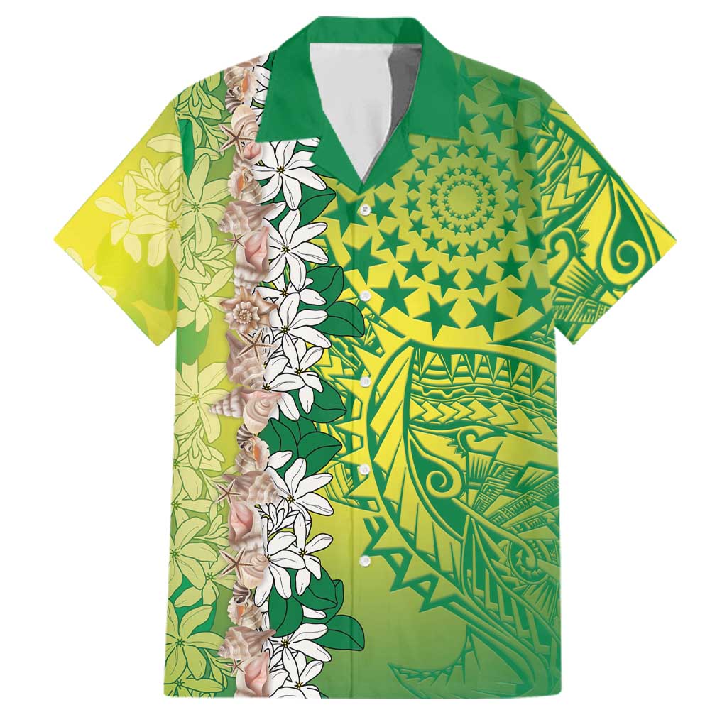 Cook Islands Tiare Maori With Conch Shell Family Matching Off Shoulder Short Dress and Hawaiian Shirt Pasifika Fest Polynesian Tattoo Green LT14 Dad's Shirt - Short Sleeve Green - Polynesian Pride