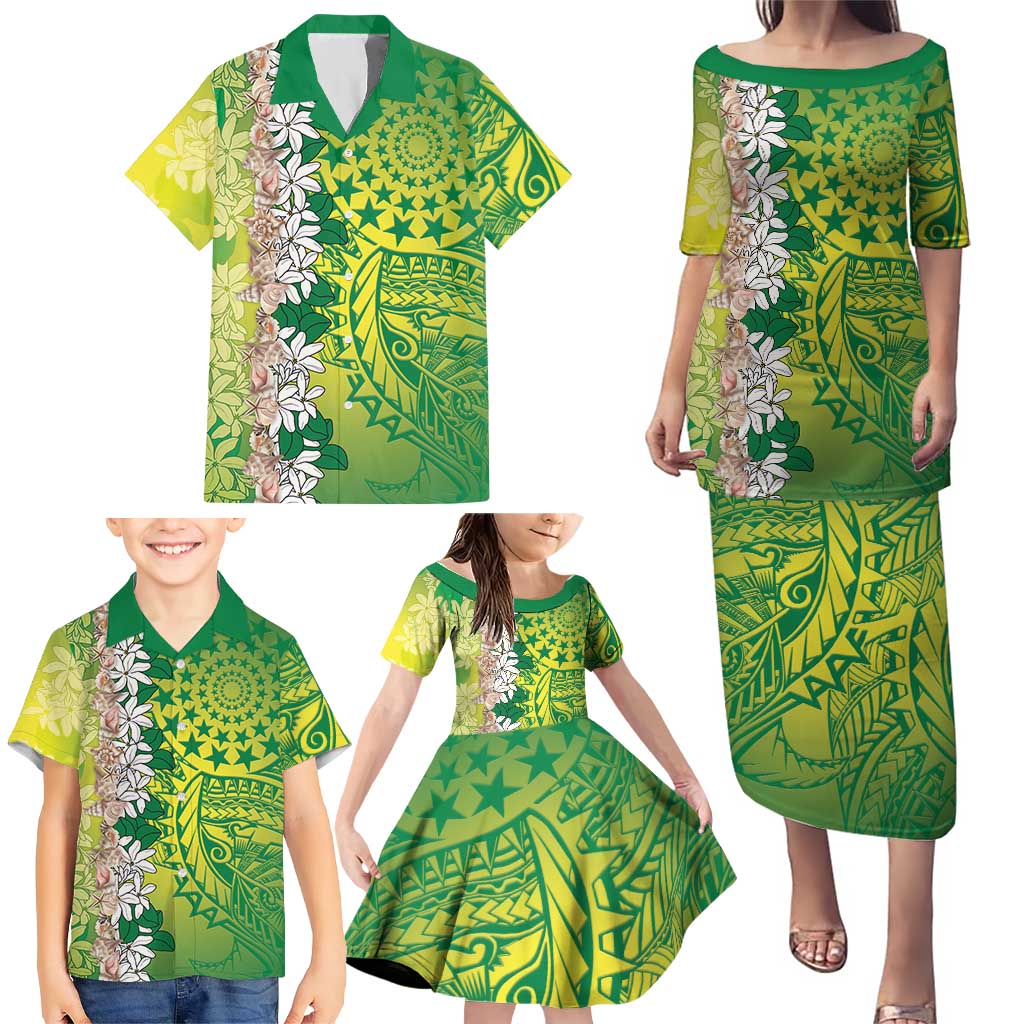 Cook Islands Tiare Maori With Conch Shell Family Matching Puletasi and Hawaiian Shirt Pasifika Fest Polynesian Tattoo Green