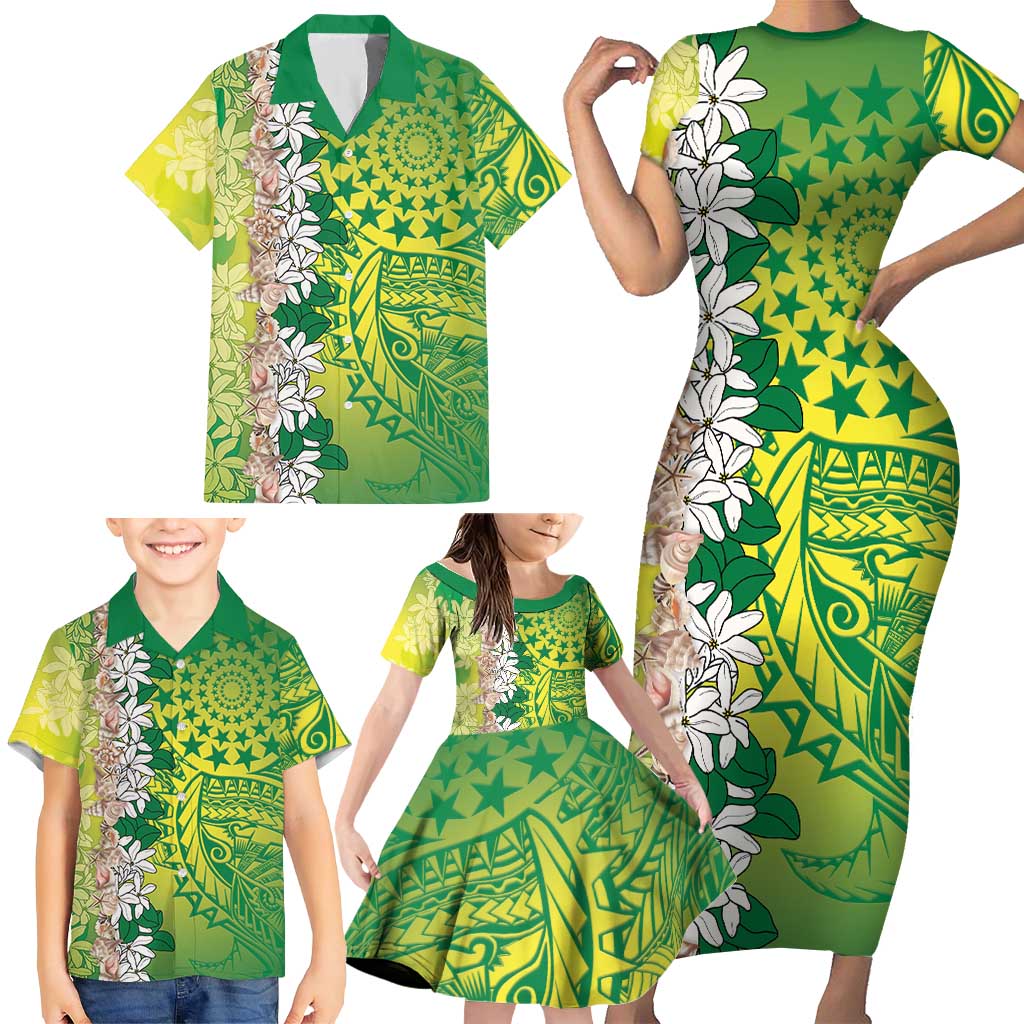 Cook Islands Tiare Maori With Conch Shell Family Matching Short Sleeve Bodycon Dress and Hawaiian Shirt Pasifika Fest Polynesian Tattoo Green LT14 - Polynesian Pride