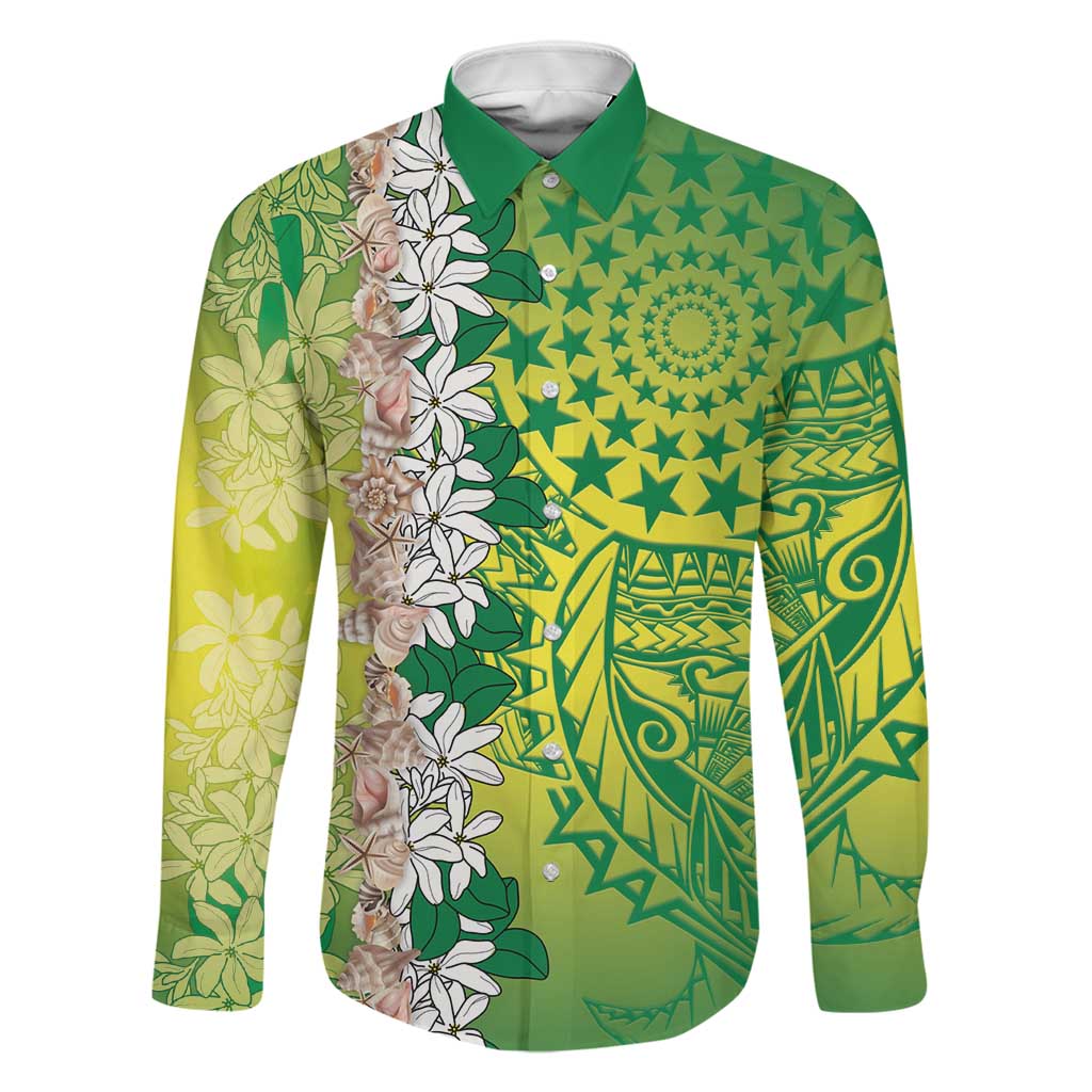 Cook Islands Tiare Maori With Conch Shell Family Matching Short Sleeve Bodycon Dress and Hawaiian Shirt Pasifika Fest Polynesian Tattoo Green LT14 Dad's Shirt - Long Sleeve Green - Polynesian Pride