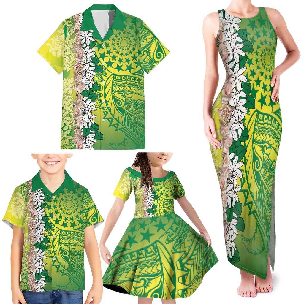 Cook Islands Tiare Maori With Conch Shell Family Matching Tank Maxi Dress and Hawaiian Shirt Pasifika Fest Polynesian Tattoo Green LT14 - Polynesian Pride
