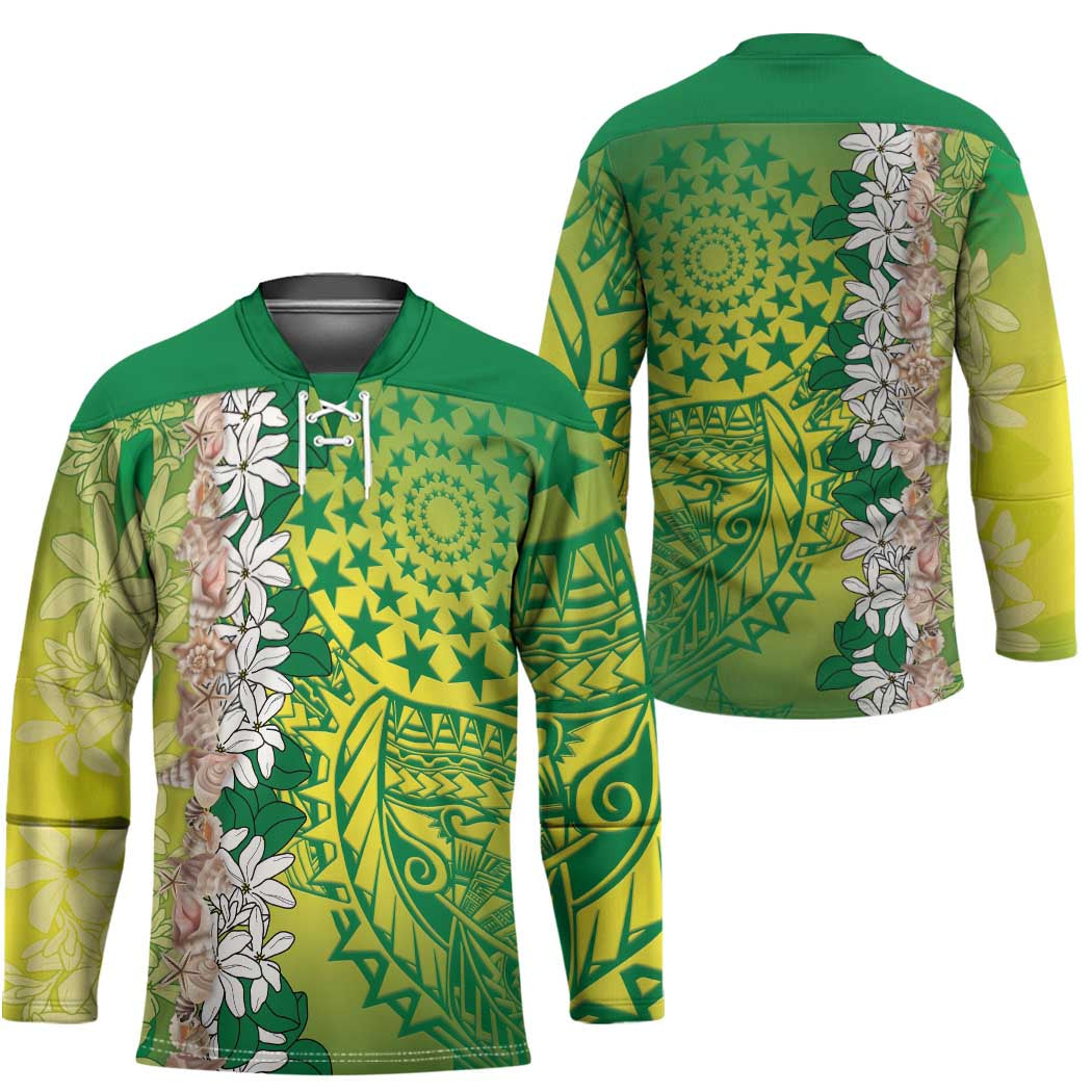 Cook Islands Tiare Maori With Conch Shell Hockey Jersey Pasifika Fest Polynesian Tattoo Green