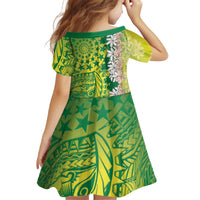 Cook Islands Tiare Maori With Conch Shell Kid Short Sleeve Dress Pasifika Fest Polynesian Tattoo Green