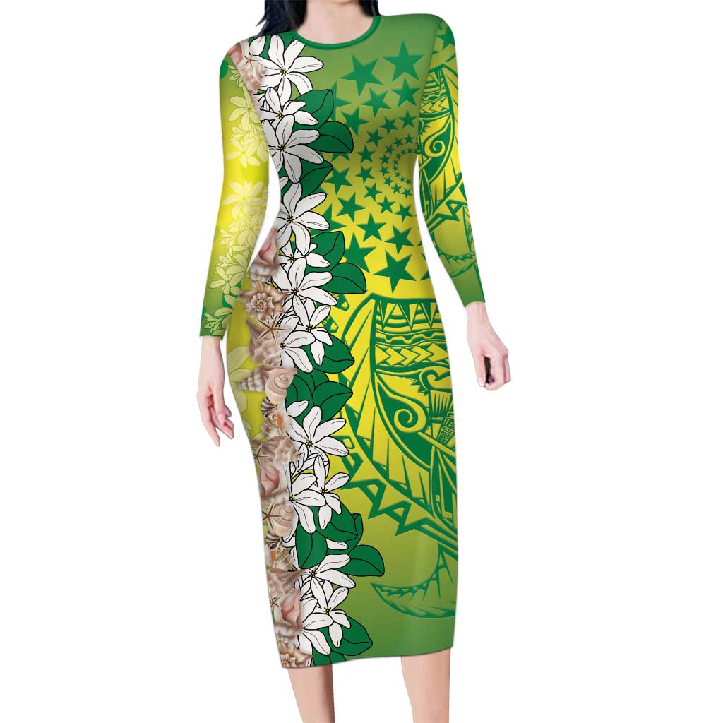 Cook Islands Tiare Maori With Conch Shell Long Sleeve Bodycon Dress Pasifika Fest Polynesian Tattoo Green
