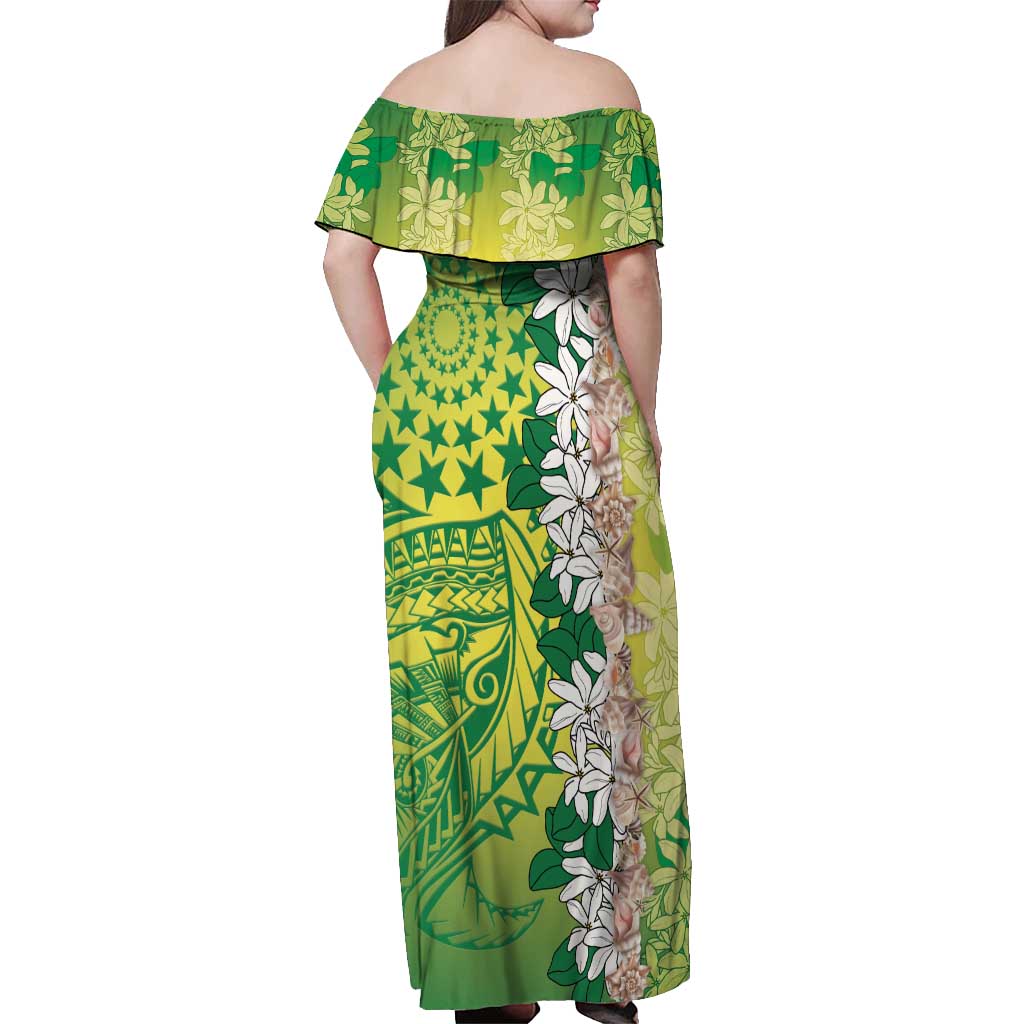 Cook Islands Tiare Maori With Conch Shell Off Shoulder Maxi Dress Pasifika Fest Polynesian Tattoo Green