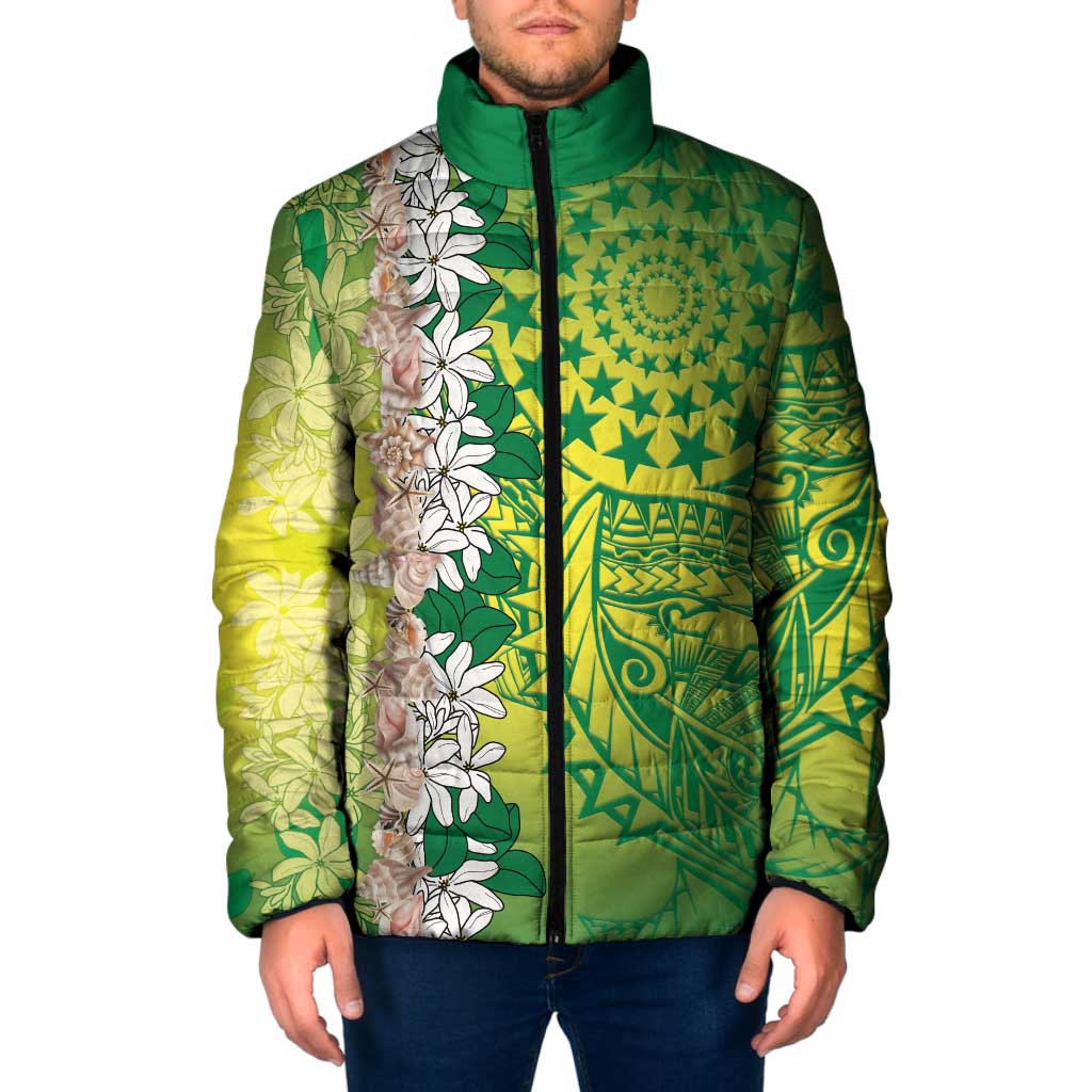 Cook Islands Tiare Maori With Conch Shell Padded Jacket Pasifika Fest Polynesian Tattoo Green