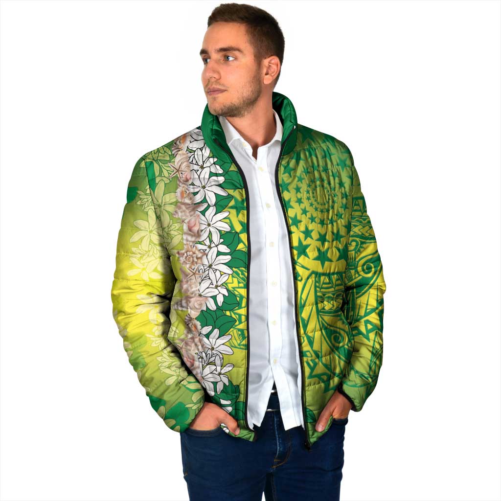 Cook Islands Tiare Maori With Conch Shell Padded Jacket Pasifika Fest Polynesian Tattoo Green