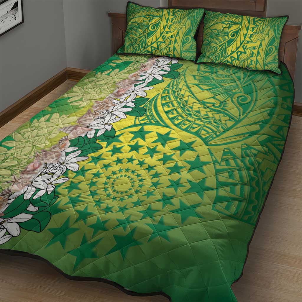 Cook Islands Tiare Maori With Conch Shell Quilt Bed Set Pasifika Fest Polynesian Tattoo Green