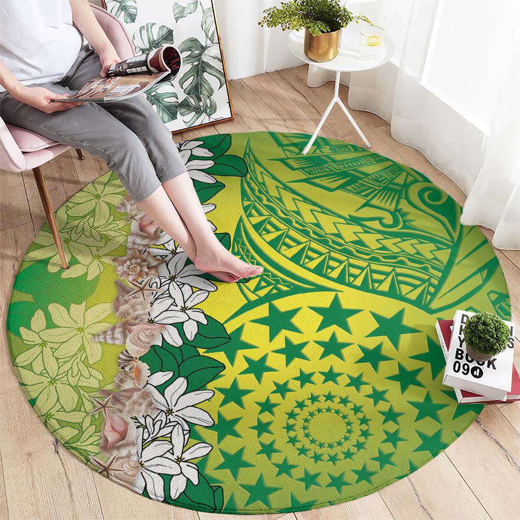 Cook Islands Tiare Maori With Conch Shell Round Carpet Pasifika Fest Polynesian Tattoo Green LT14 - Polynesian Pride
