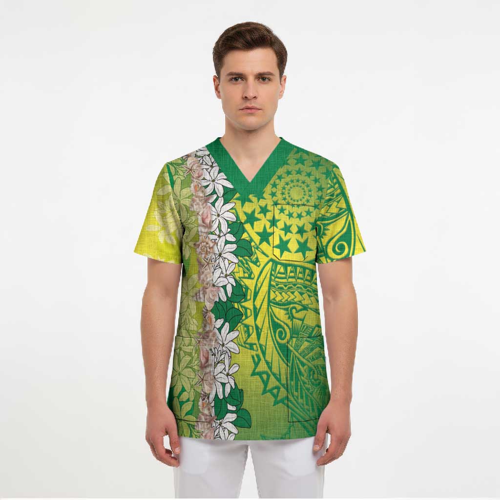 Cook Islands Tiare Maori With Conch Shell Scrub Top Pasifika Fest Polynesian Tattoo Green