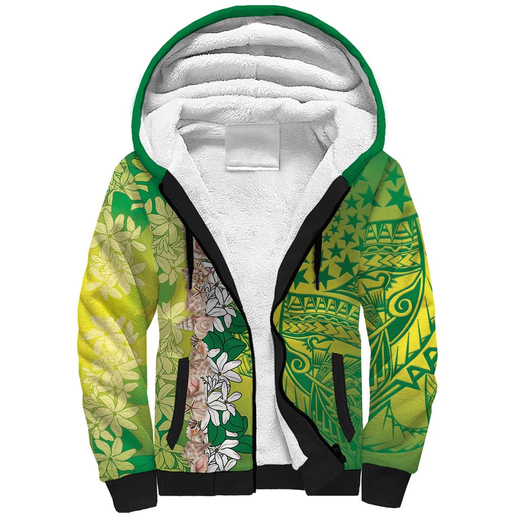 Cook Islands Tiare Maori With Conch Shell Sherpa Hoodie Pasifika Fest Polynesian Tattoo Green