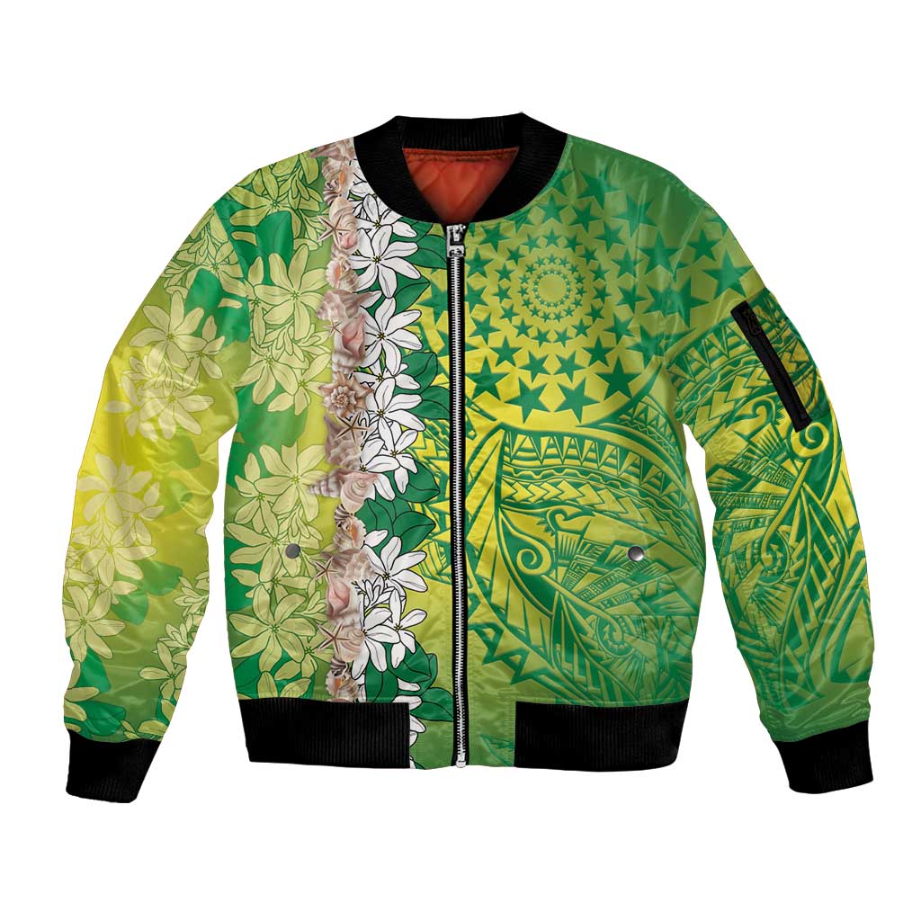 Cook Islands Tiare Maori With Conch Shell Sleeve Zip Bomber Jacket Pasifika Fest Polynesian Tattoo Green