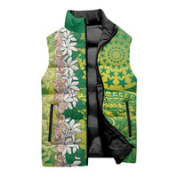 Cook Islands Tiare Maori With Conch Shell Sleeveless Puffer Jacket Pasifika Fest Polynesian Tattoo Green