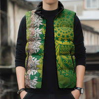 Cook Islands Tiare Maori With Conch Shell Sleeveless Puffer Jacket Pasifika Fest Polynesian Tattoo Green